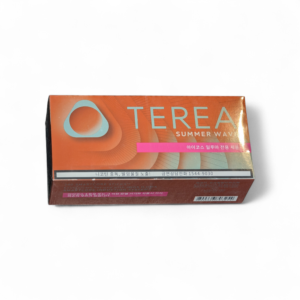Box packaging for TEREA with a orange gradient, a circular logo on the left, and a pink label containing Korean text.