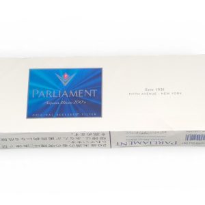 White packaging box with a blue Parliament label reading 'Parliament Aqua Blue 100's Original Recessed Filter' on the side of a plain white surface.