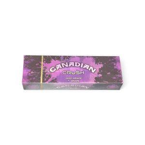 Purple candy box with splashy design and a gold vertical band, labeled "Canadian Crush" on a white background